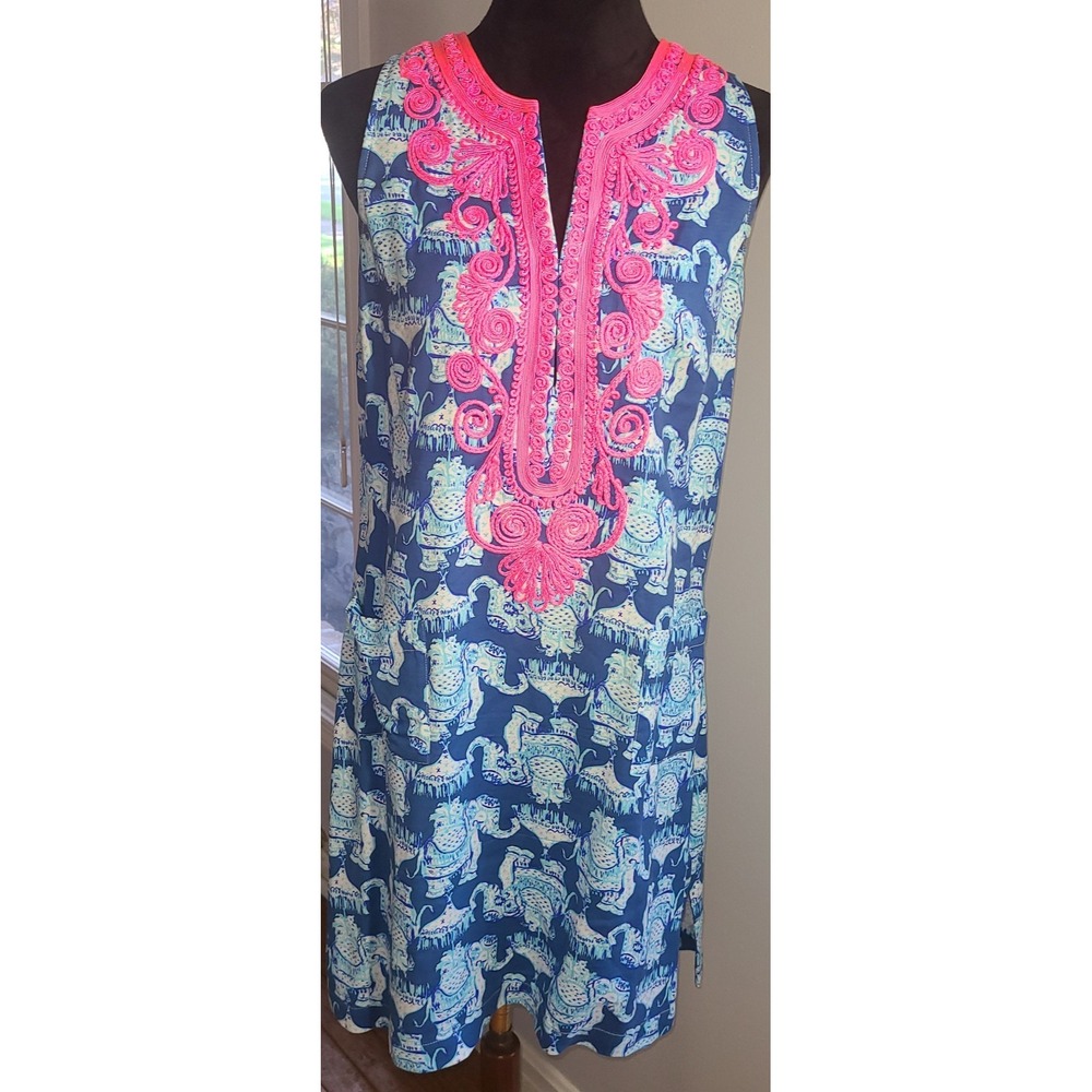 Lilly Pulitzer Carlotta Stretch Shift Dress Joy Ride Elephant Sz 8 2 Pockets Zip